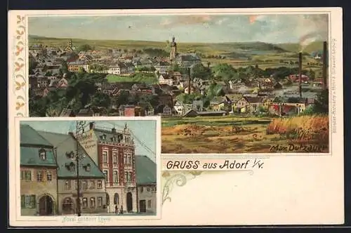 Lithographie Adorf i. V., Hotel goldner Löwe und Teilansicht