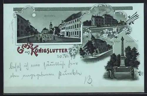 Mondschein-Lithographie Königslutter, Marktplatz, Bahnhof und Kriegerdenkmal bei Nacht