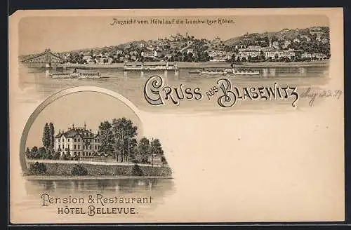 Lithographie Dresden-Blasewitz, Pension & Restaurant Hotel Bellevue, Blick auf die Loschwitzer Höhen