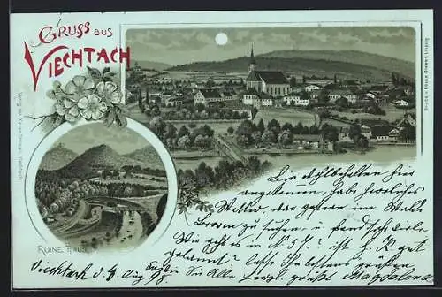 Mondschein-Lithographie Viechtach, Ortsansicht und Ruine Haus bei Nacht