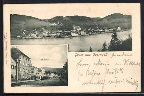 AK Obernzell, Blick über Fluss auf Kirche & Marktplatz