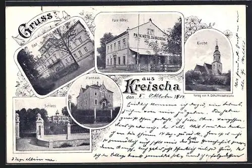 Lithographie Kreischa / Freital, Park-Hotel, Schloss und Bad