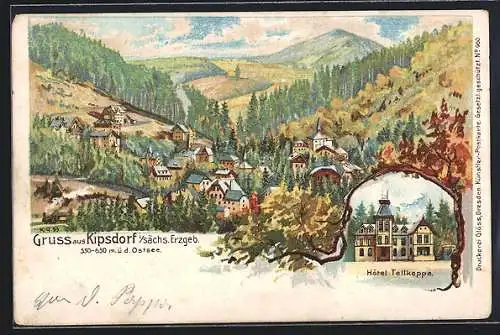 Lithographie Kipsdorf /Sa., Gesamtansicht mit Umgebung aus der Vogelschau, Hotel Tellkoppe