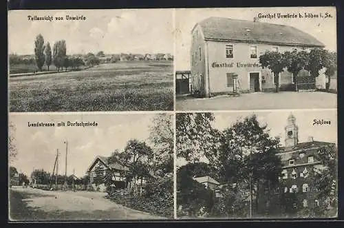 AK Unwürde b. Löbau, Gasthof Unwürde, Landstrasse mit Dorfschmiede, Schloss