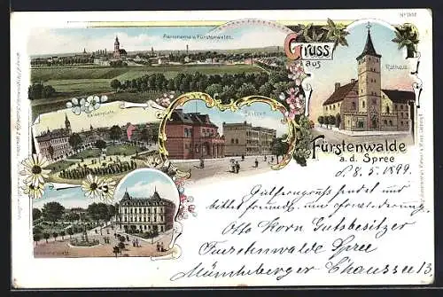 Lithographie Fürstenwalde / Spree, Panorama, Kaiserplatz, Denkmalplatz, Caserne, Rathaus