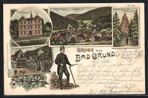 Lithographie Bad Grund, Hotel Kurhaus, Villa Römer, Villa Giesecke