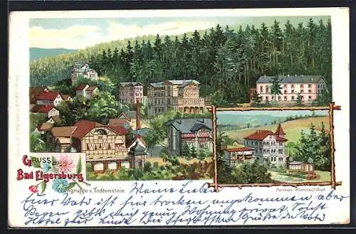 Lithographie Bad Elgersburg, Pension Körnbachtal, Villengruppe v. Todtenstein