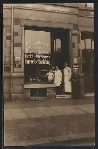 Foto-AK Leipzig-Neuschönfeld, Fleischerei Teichmann