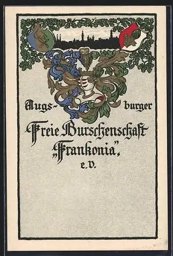 AK Augsburg, Studentenwappen der Freien Burschenschaft Frankonia, Stadtpanorama