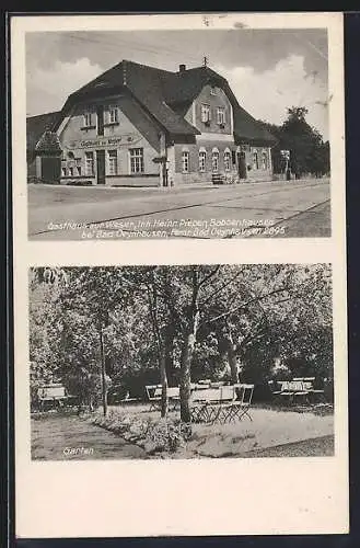 AK Babbenhausen bei Bad Oeynhausen, Gasthaus zur Weser, Bes. Heinr. Pieper, Aussenansicht und Garten