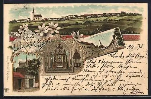 Lithographie Untergriesbach, Kircheninneres, Wasserturm und Marktplatz