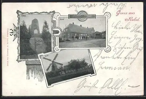 AK Rabel, Bahnhof, Denkmal und Mühle