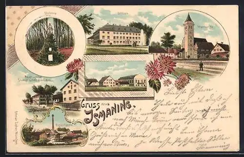 Lithographie Ismaning, Madonna, Papierfabrik und Bauerngasse mit Stumpf`sches Gasthaus