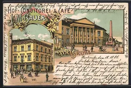 Lithographie Karlsruhe, Hof-Conditorei & Café J. M. Bauer, Rondellplatz u. Markgrafl. Palais