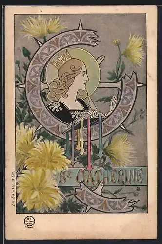 Künstler-AK St. Catherine, Porträt mit Fibel und Blüten, Jugendstil