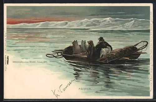 Lithographie Nansen-Expedition, Kreuzung einer Rinne 1895