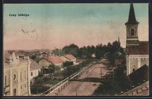 AK Csap, Strassenpartie mit Synagoge und Kirche aus der Vogelschau