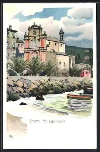 Künstler-Lithographie Paul Hey: Santa Margherita, Ortspartie mit Kirche am Wasser