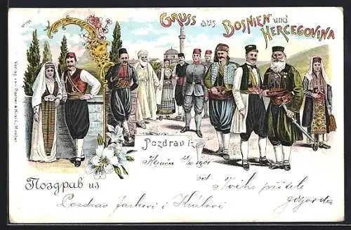 Lithographie Bosnien, Bosnische Trachten und Uniformen