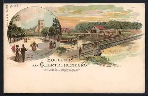 Lithographie Geertruidenberg, Ortsansicht und Brücke