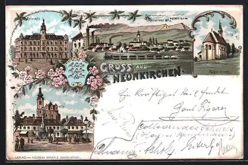 Lithographie Neunkirchen, Hauptplatz, Rathaus und Ansicht mit Türkensturz