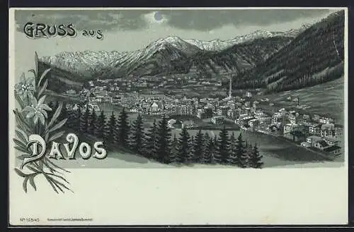 Mondschein-Lithographie Davos, Ortsansicht bei Nacht mit den Bergen