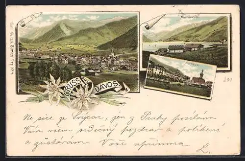 Lithographie Davos, Ortsansicht, Kurhaus und Davosersee