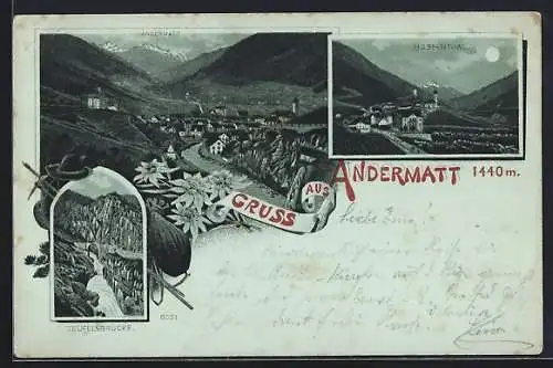 Mondschein-Lithographie Andermatt, Teufelsbrücke und Hospenthal