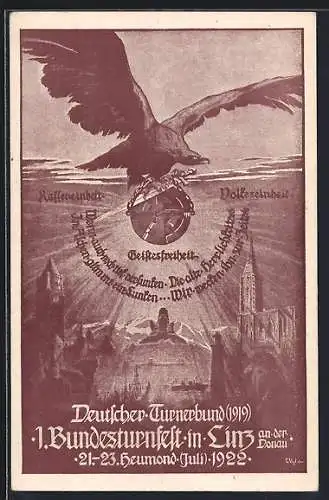 Künstler-AK Linz a. d. D., 1. Bundesturnfest 1922, Adler mit Schwert