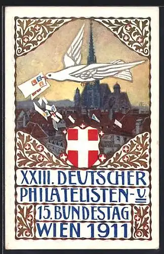 Künstler-AK H. Kalmsteiner: Wien, XXIII. Deutscher Philatelisten- u. 15. Bundestag 1911, Taube über dem Ort