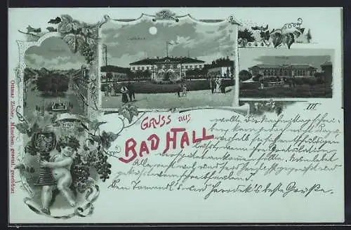 Mondschein-Lithographie Bad Hall, Kurhaus, Trinkhalle, Promenade, Kind mit Weinglas