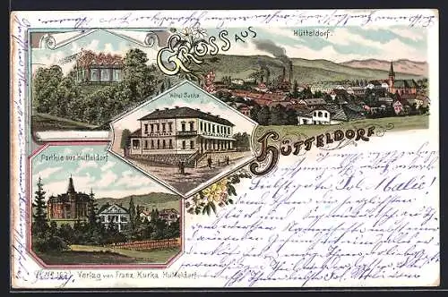 Lithographie Hütteldorf, Hotel Sachs, Teilansichten und Totalansicht