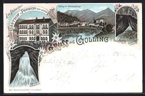 Lithographie Golling, Ortsansicht, Gasthof-Pension zur alten Post, Gollinger Wasserfall