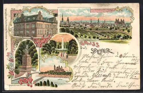 Lithographie Speyer, Consistorium, Domgarten, Dom und Schiffbrücke