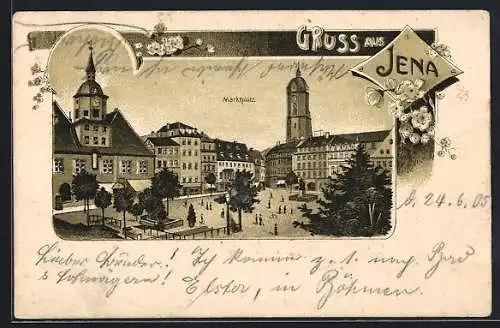 Lithographie Jena, Marktplatz mit Rathaus