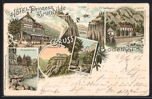 Lithographie Thale, Hotel Prinzess Brunhilde im Bodethal, Hotel Königsruhe