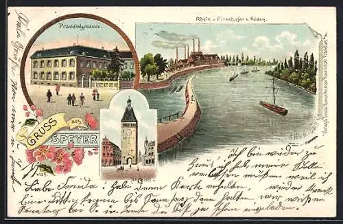 Lithographie Speyer, Rhein und Flosshafen, Präsidialgebäude, Altpforte