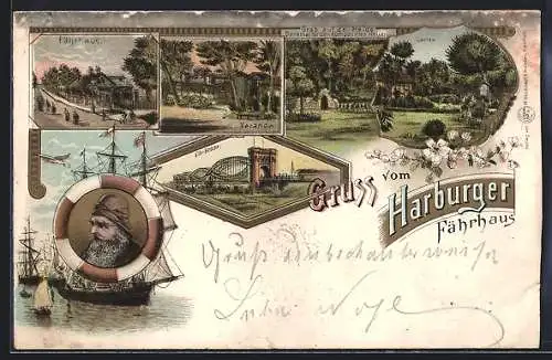 Lithographie Hamburg-Harburg, Gasthaus Fährhaus, Segelschiff, Grab auf der Heide, Elb-Brücke