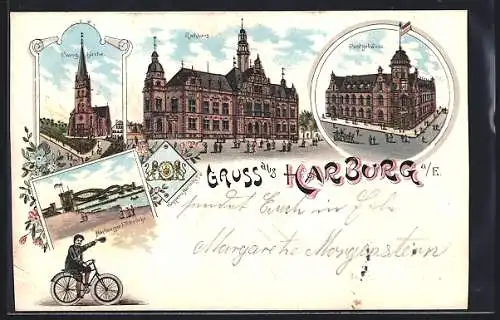 Lithographie Hamburg-Harburg, Ev. Kirche, Rathaus, Post, Harburger-Elbbrücke, Wappen von Harburg