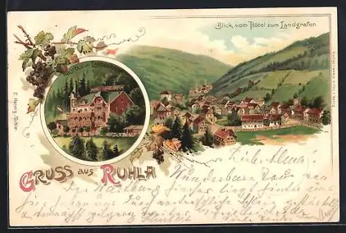 Lithographie Ruhla, Ortsansicht vom Hotel zum Landgrafen und Hotel zum Landgrafen