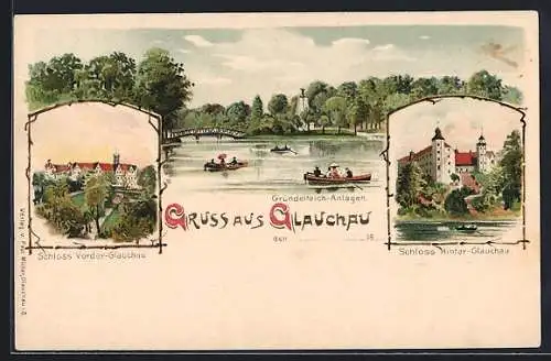 Lithographie Glauchau, Schloss Vorder-Glauchau und Gründelteich-Anlagen mit Bootsfahrten