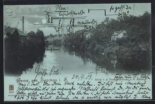 Mondschein-AK Zwickau i. Sa., Blick v. d. Paradiesbrücke an der Mulde