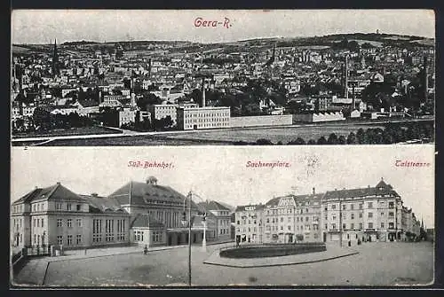 AK Gera, Totalansicht & Sachsenplatz mit Sächsischem Bahnhof u. Talstrasse