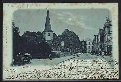 Mondschein-AK Hamburg-Bergedorf, Strassenpartie mit Kirche