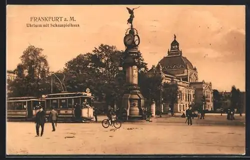 AK Frankfurt / Main, Uhrturm mit Schauspielhaus und Strassenbahn