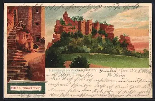 Künstler-AK Schönau /Pfalz, Wasgau Ruine Fleckenstein, 1680 d. d. Franzosen zerstört