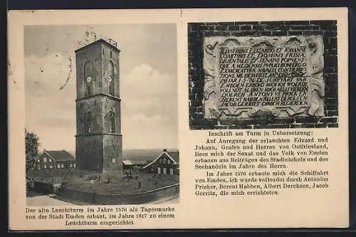 AK Emden, Leuchtturm, Inschrift am Turm