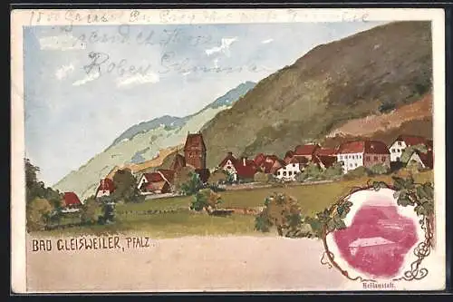 Lithographie Bad Gleisweiler / Pfalz, Gasthaus Felsenkeller Flickinger, Totalansicht