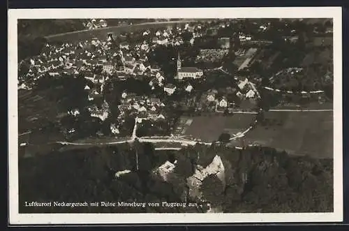 AK Neckargerach, Ortsansicht mit Ruine Minneburg vom Flugzeug aus
