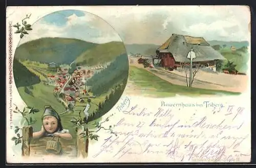 Lithographie Triberg, Ortsansicht und Bauernhaus, Mädchen in Tracht